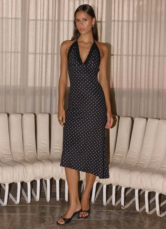 Illuminate Halter Midi Dress - Black Polkadot sold by Peppermayo