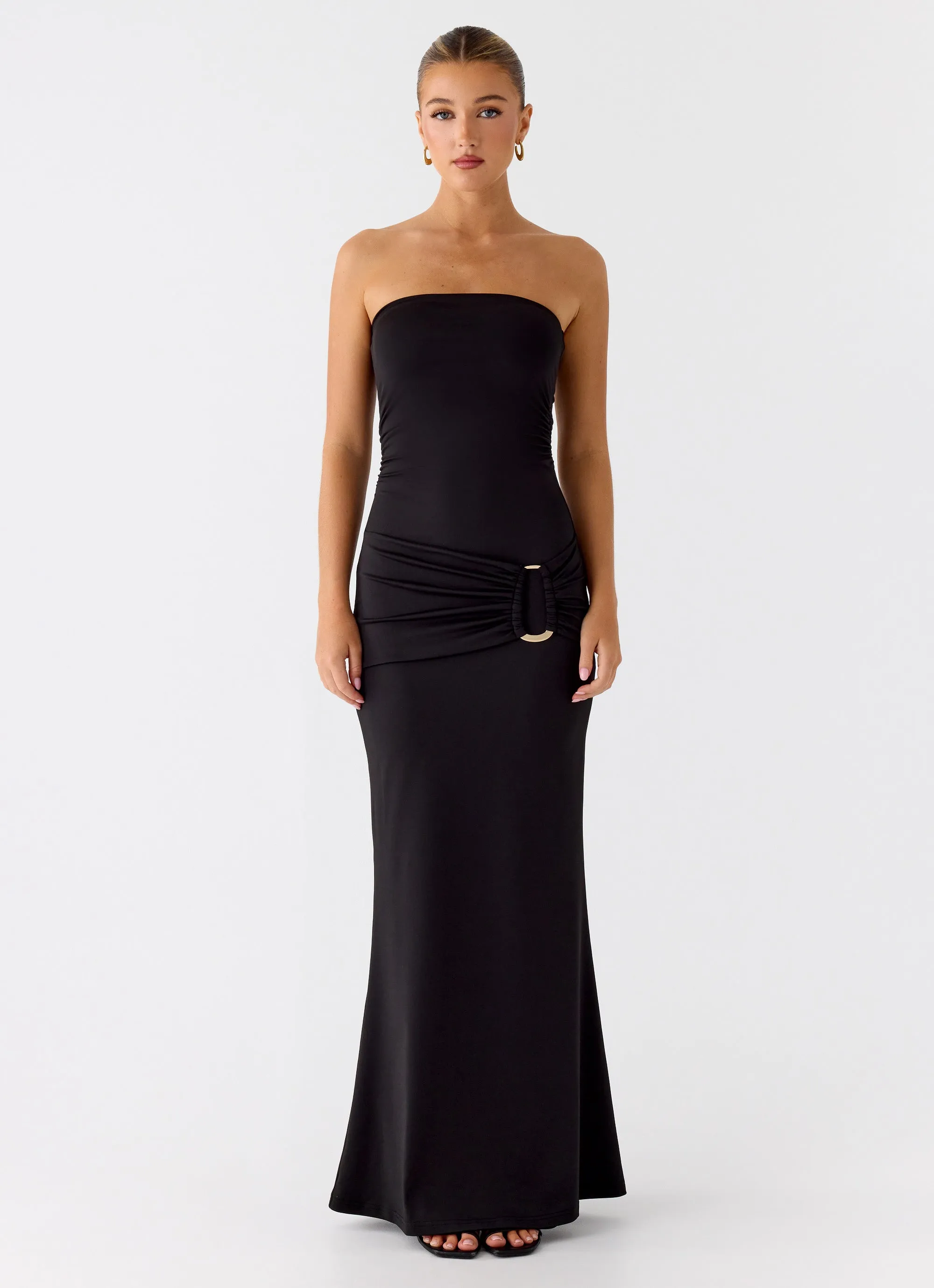 Metal Heart Strapless Maxi Dress - Black sold by Peppermayo