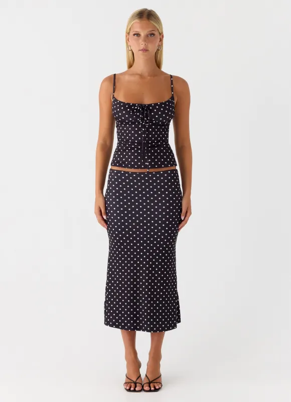 Bahama Low Rise Midi Skirt - Black Polkadot sold by Peppermayo