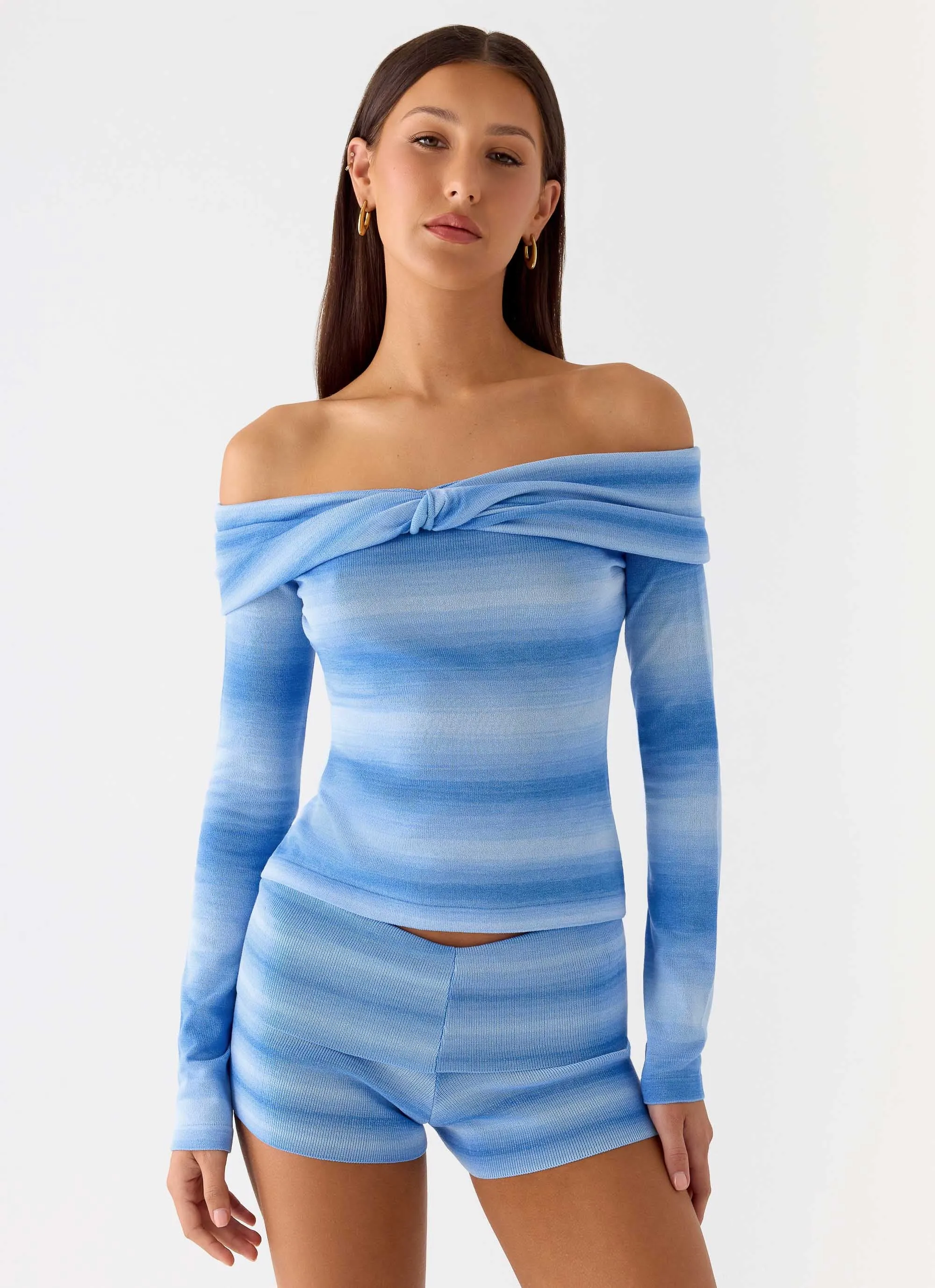 La Luna Bardot Knit Top - Cerulean sold by Peppermayo