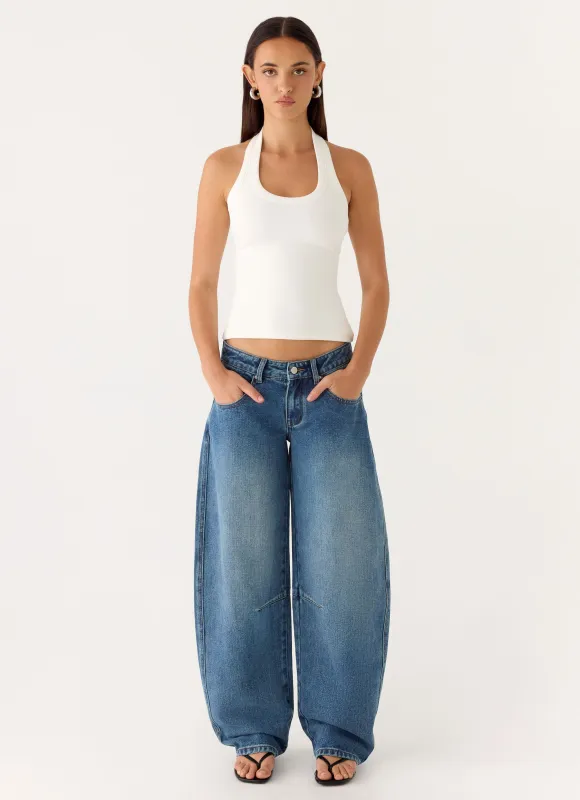 Stevie Low Rise Barrel Leg Denim Jeans - Mid Wash Blue made by Peppermayo