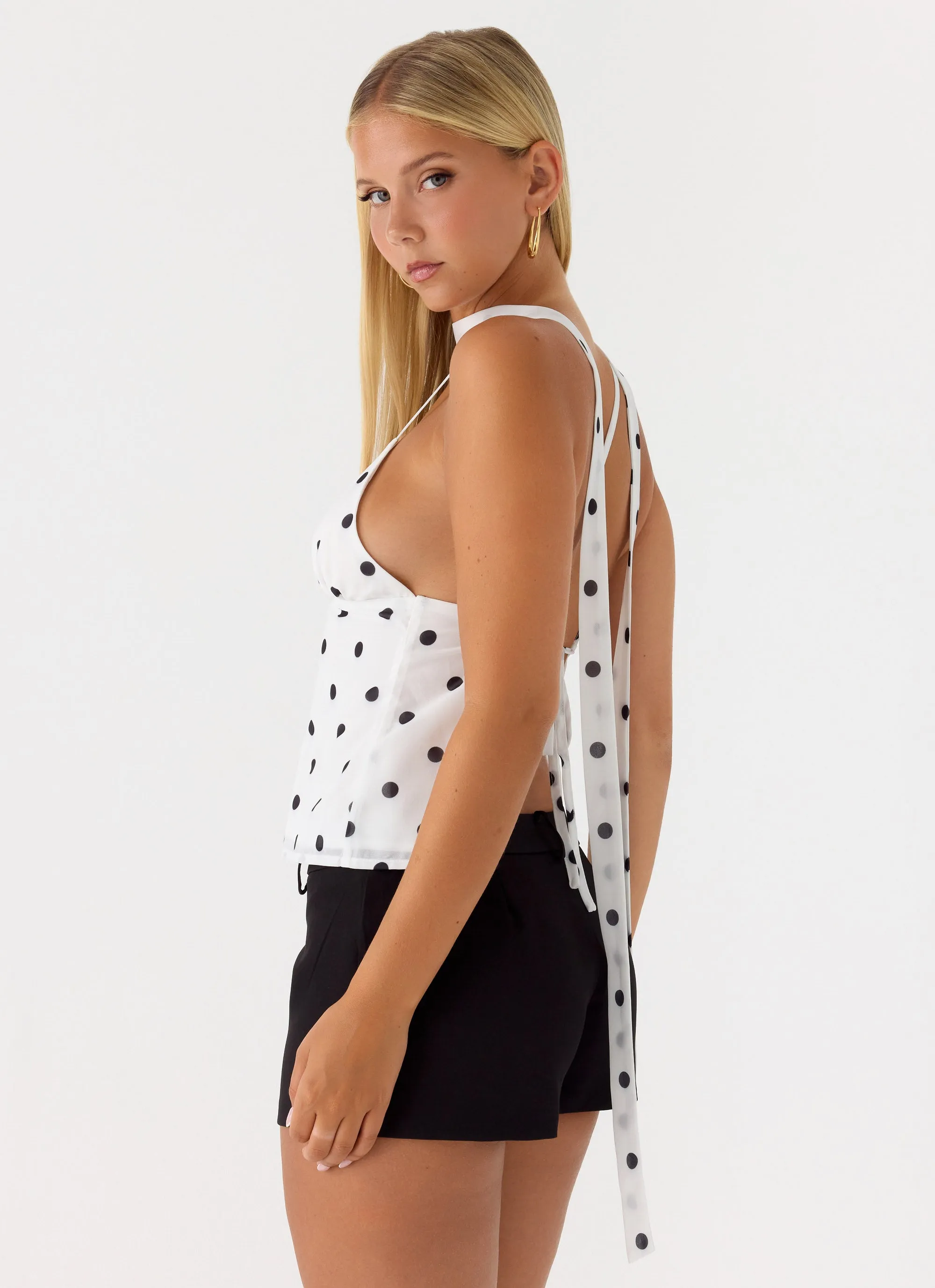 Quiero Backless Top - White Polka Dot sold by Peppermayo
