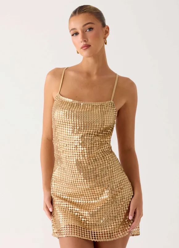 Kaitlin Mini Dress - Gold sold by Peppermayo
