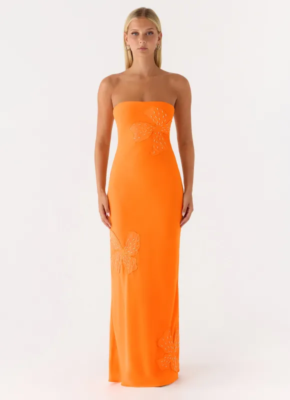 Sassafras Beaded Flower Strapless Maxi Dress - Orange made by Peppermayo
