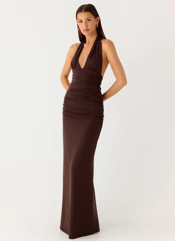 Ilaria Halter Maxi Dress - Chocolate sold by Peppermayo