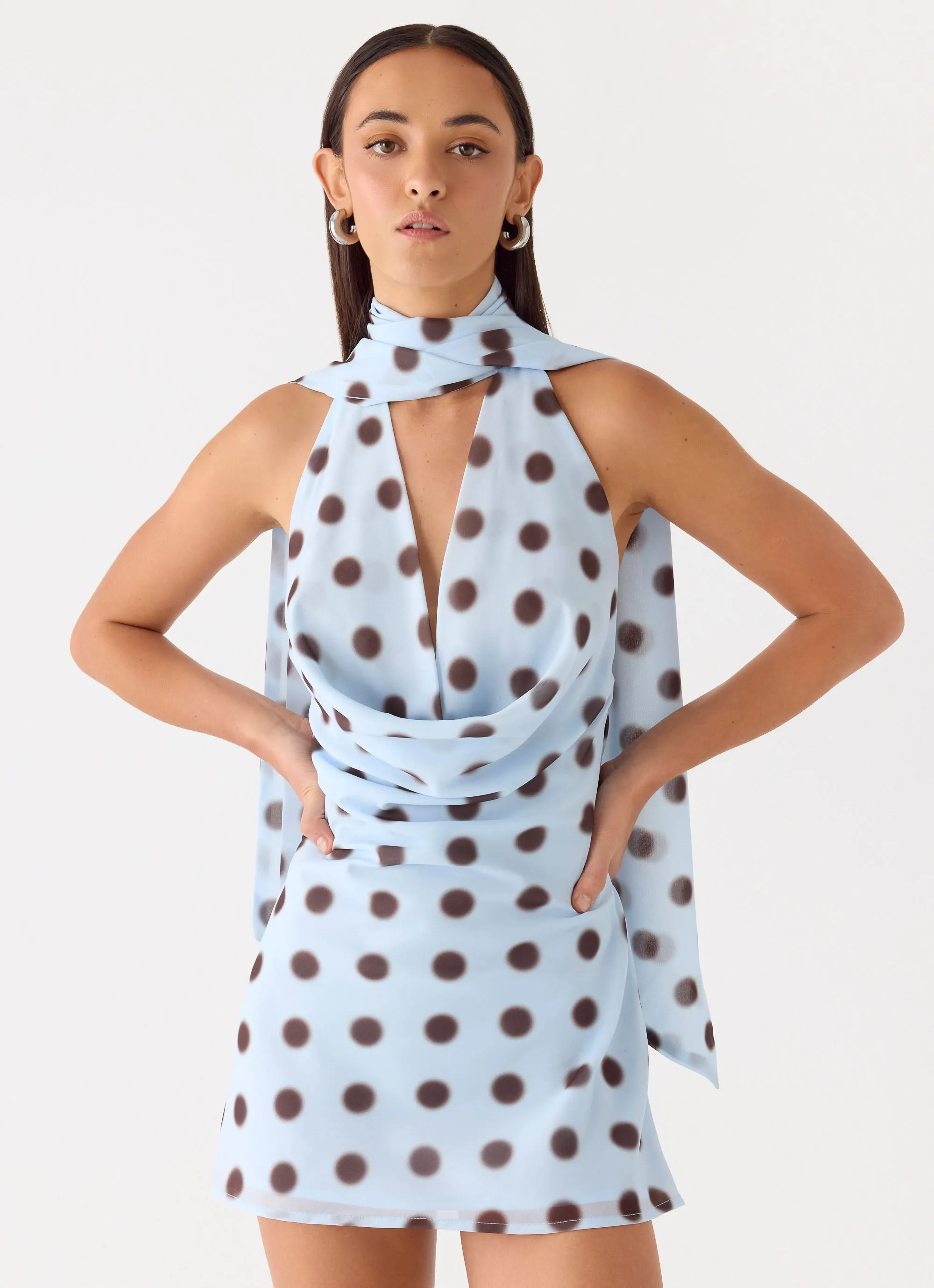 Get Me Halter Mini Dress - Blue Mocha Dot sold by Peppermayo