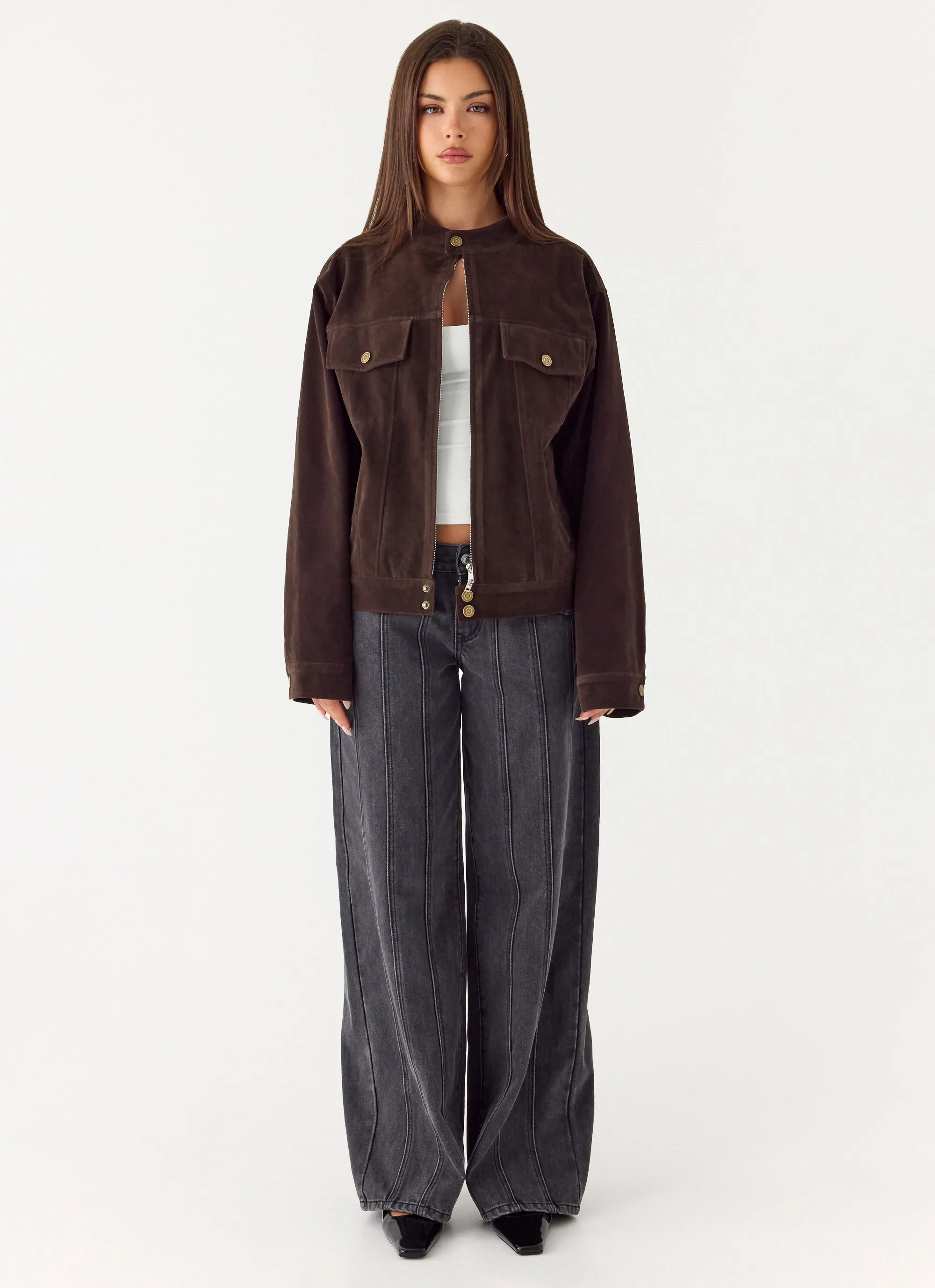 Jeremy Faux Suede Biker Jacket - Dark Chocolate sold by Peppermayo product image thumbnail 3