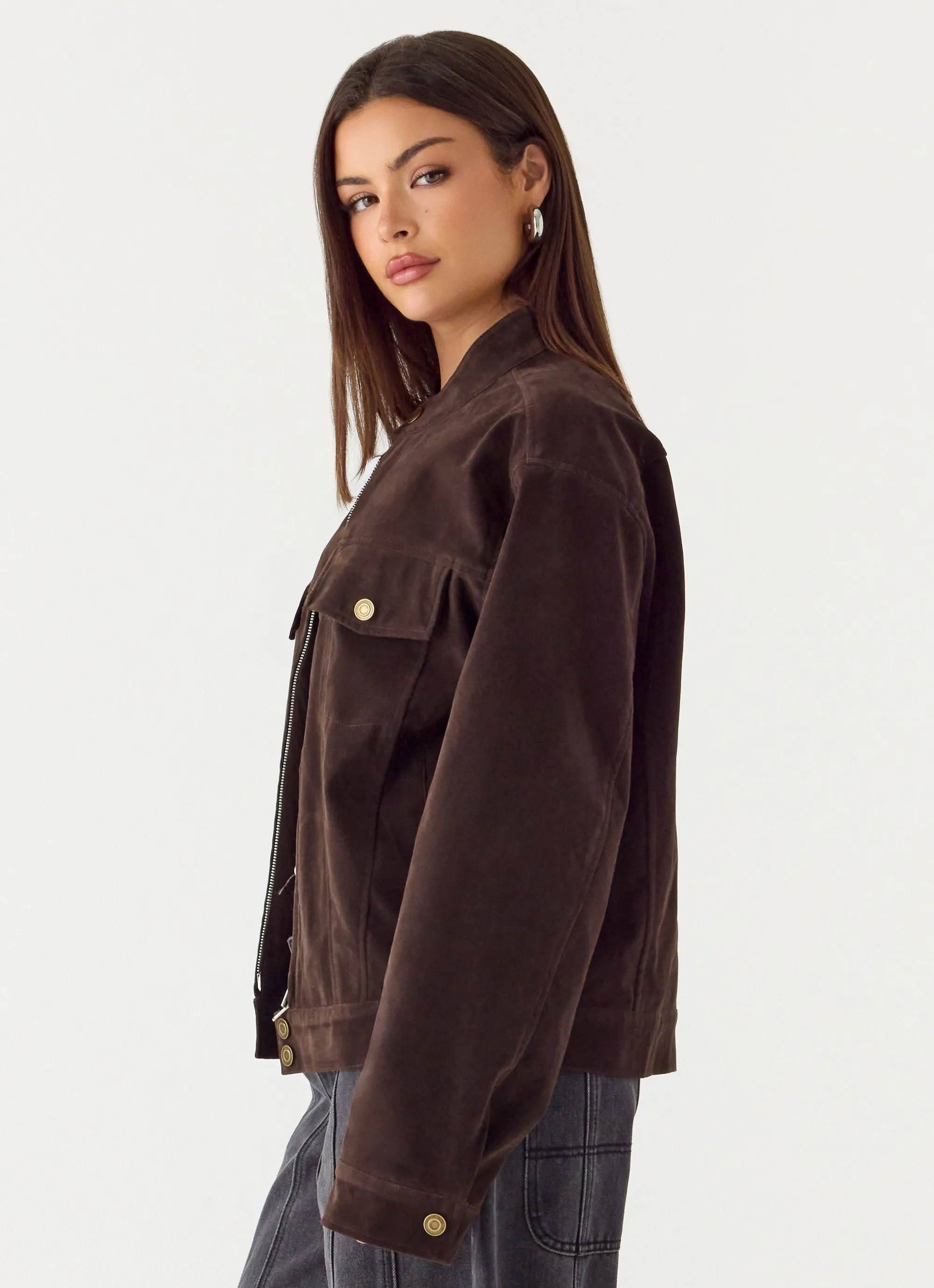 Jeremy Faux Suede Biker Jacket - Dark Chocolate sold by Peppermayo product image thumbnail 4