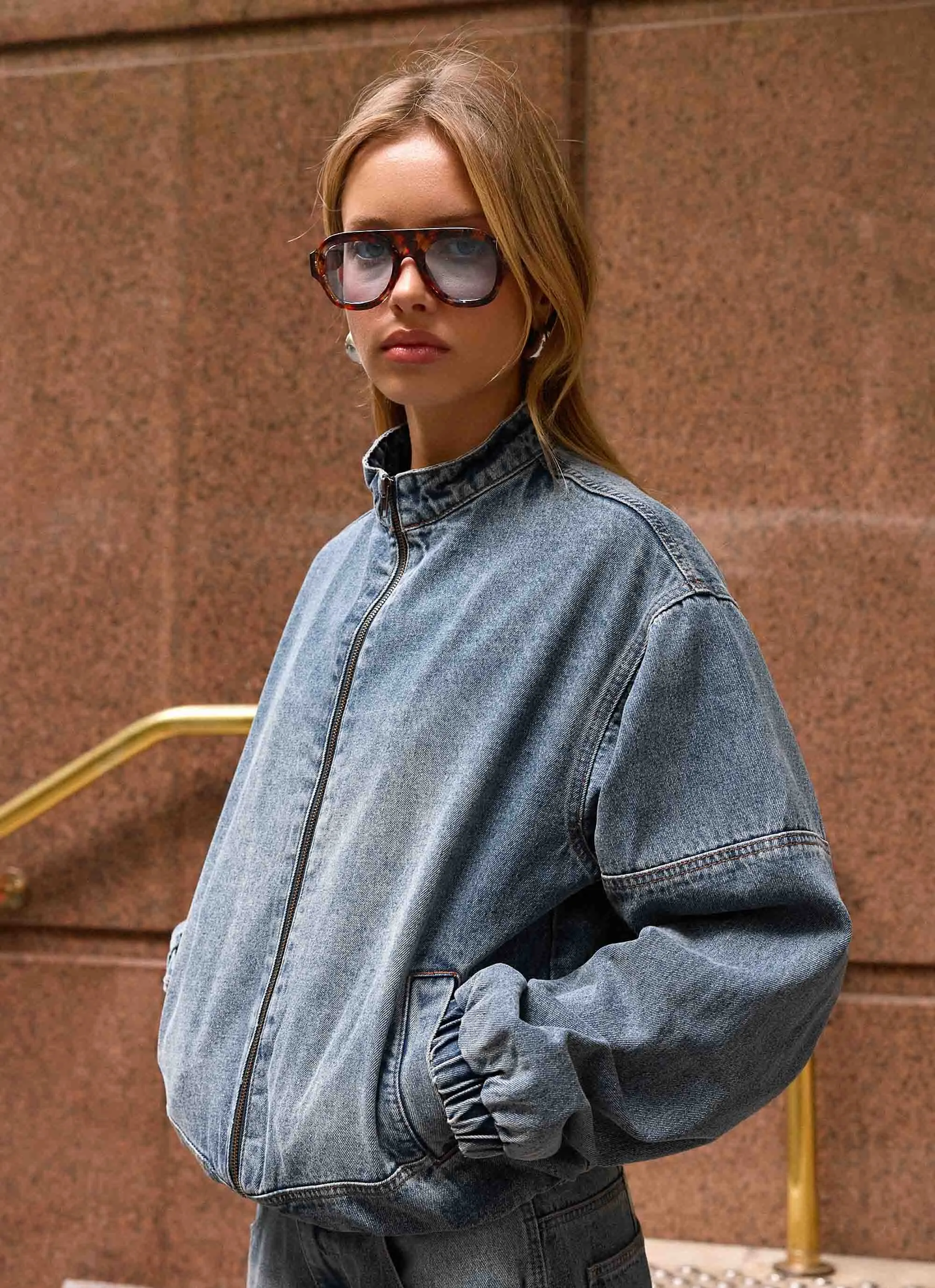 Waylon Denim Bomber Jacket - Mid Wash Blue sold by Peppermayo