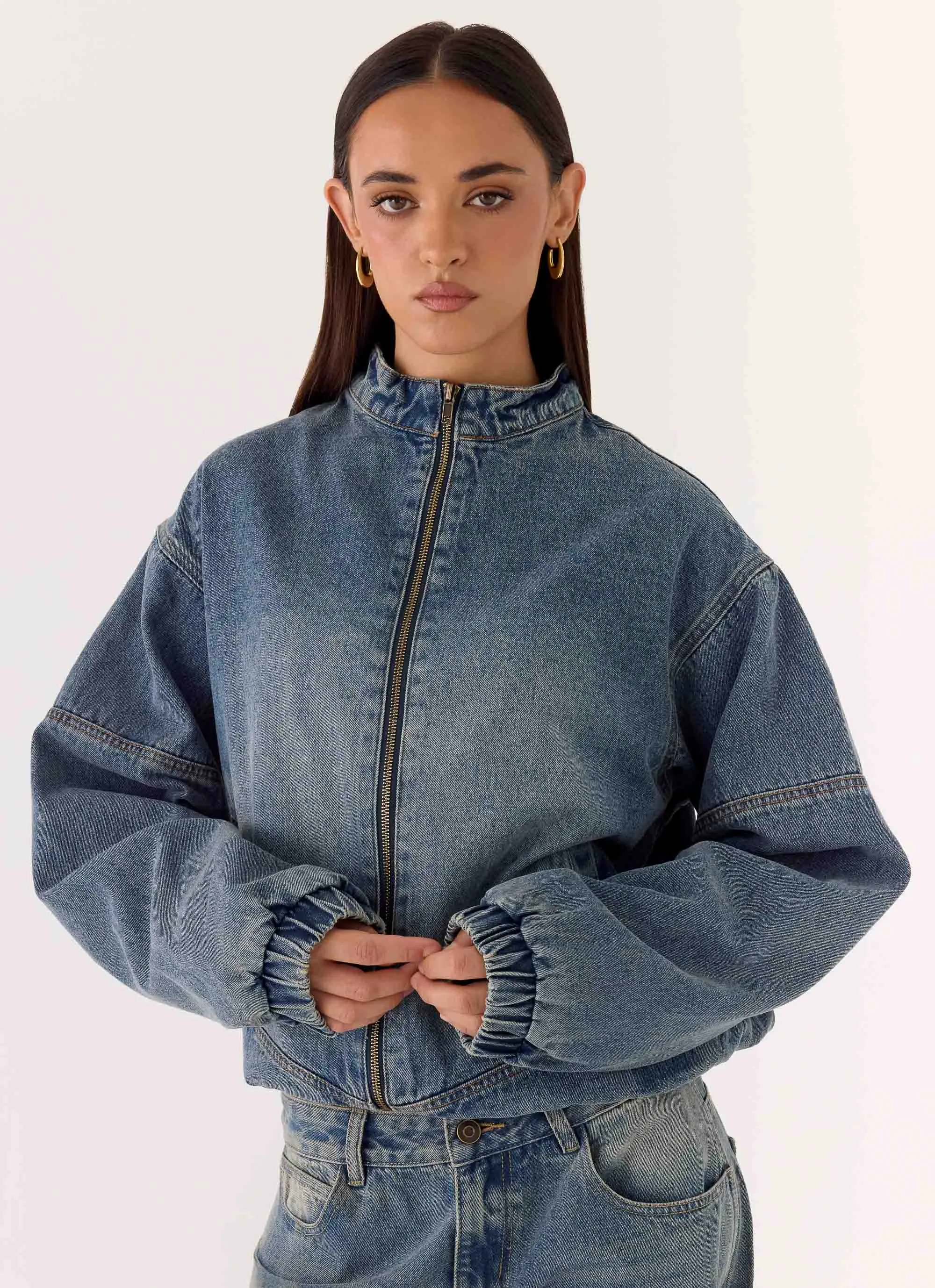 Waylon Denim Bomber Jacket - Mid Wash Blue sold by Peppermayo product image thumbnail 5