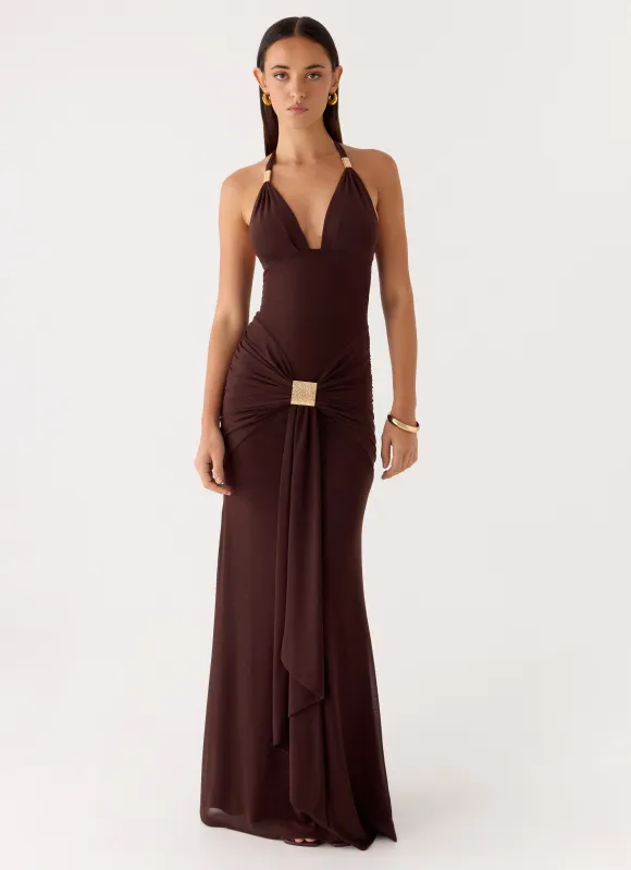 Miyah Halter Hardware Maxi Dress - Chocolate made by Peppermayo