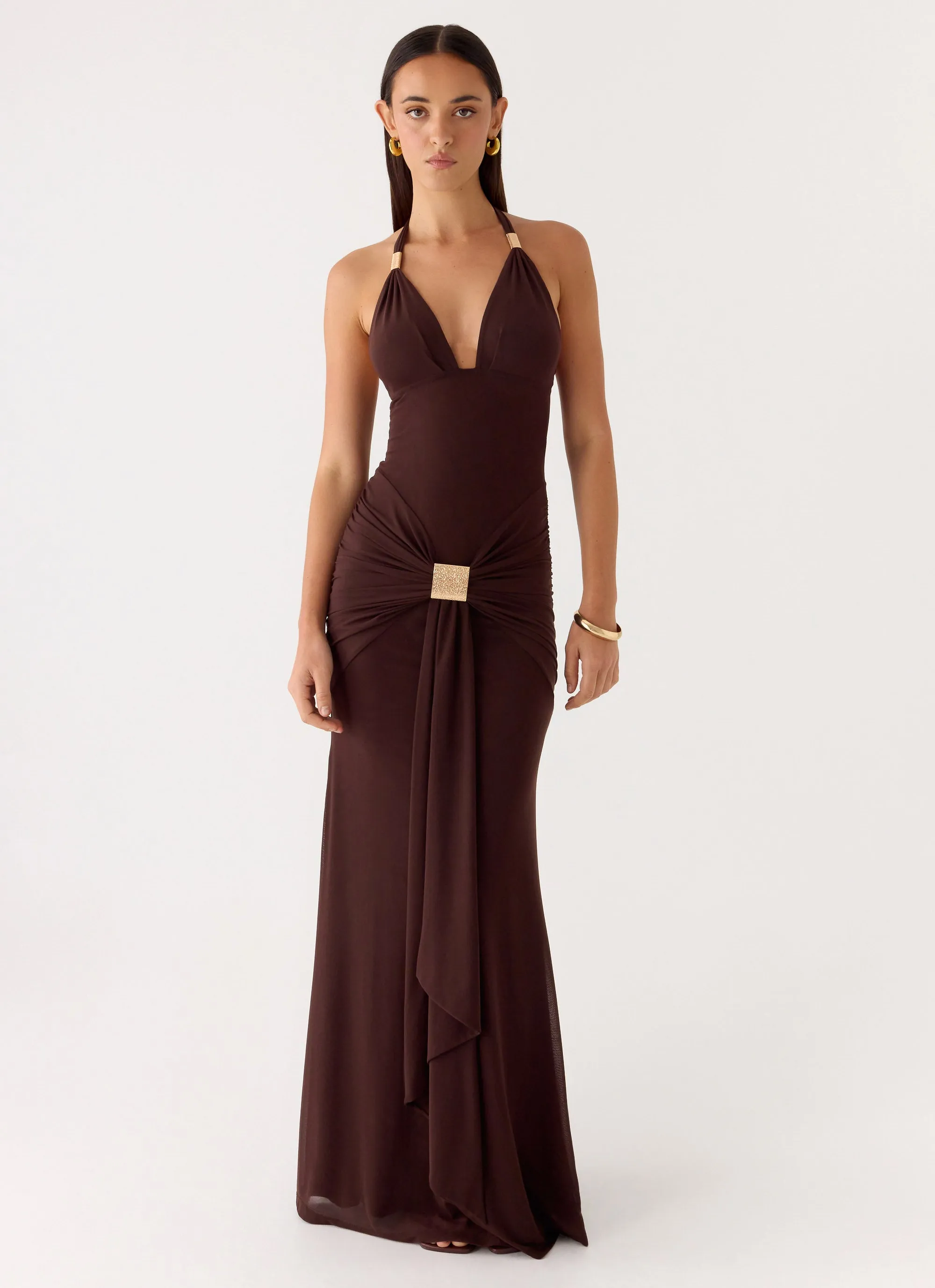 Miyah Halter Hardware Maxi Dress - Chocolate sold by Peppermayo