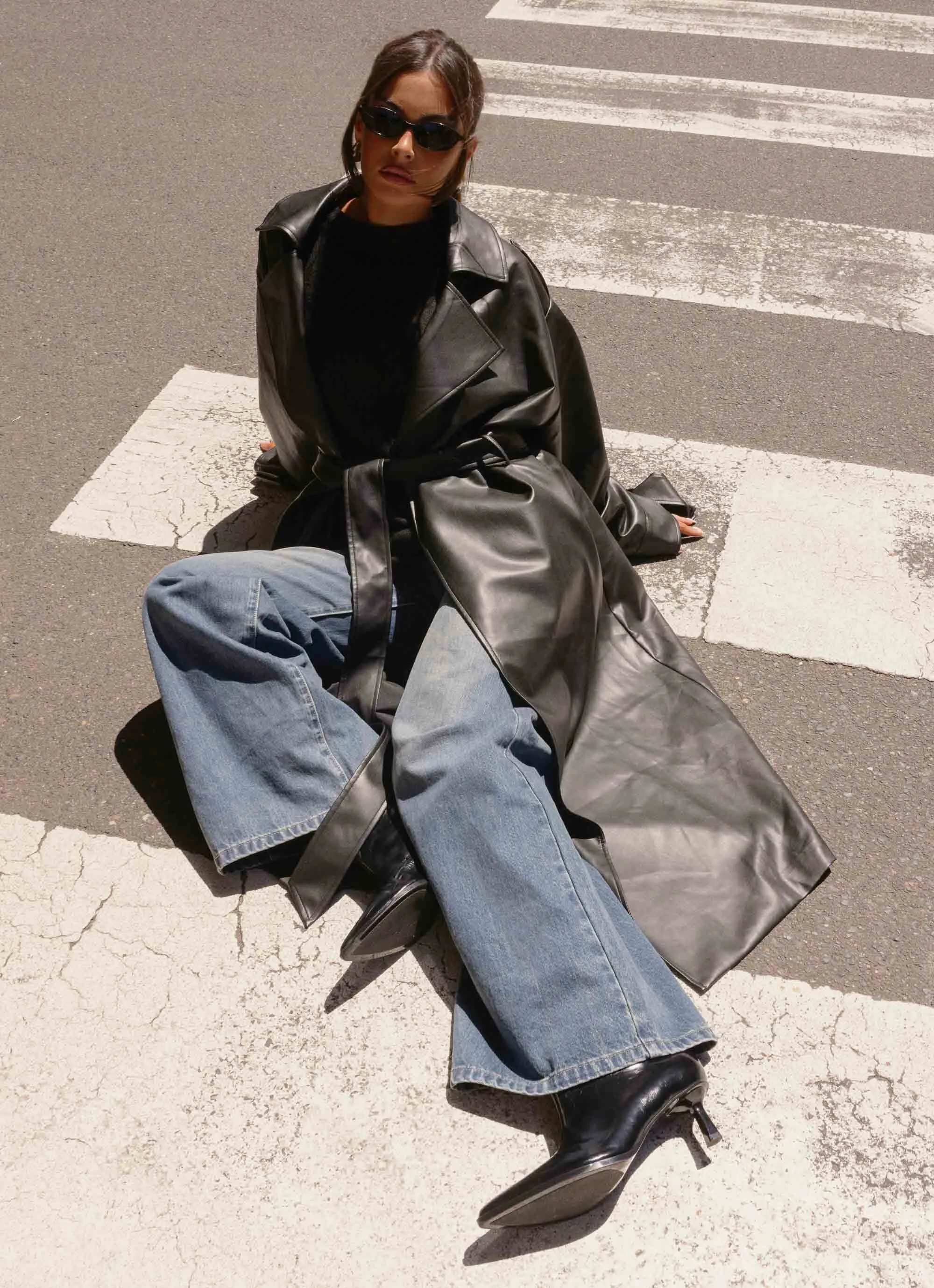 Out On The Town Faux Leather Midi Trench - Black sold by Peppermayo product image thumbnail 3