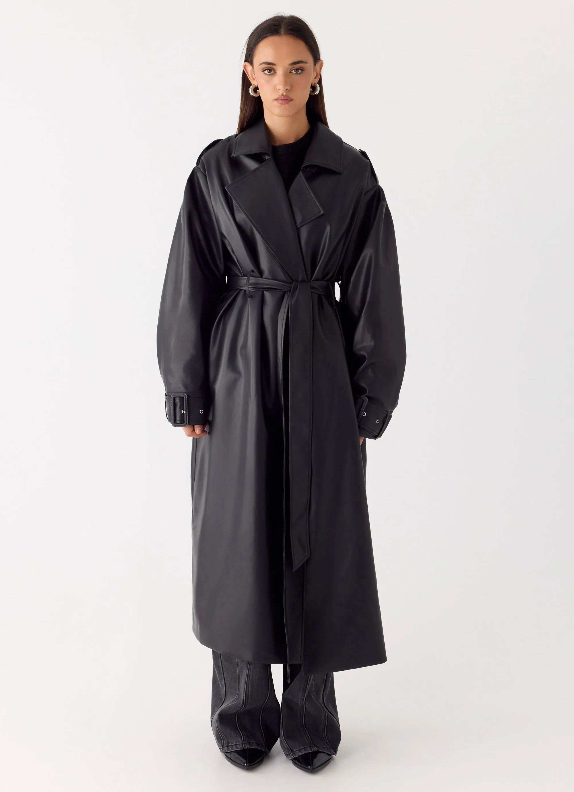 Out On The Town Faux Leather Midi Trench - Black sold by Peppermayo product image thumbnail 4