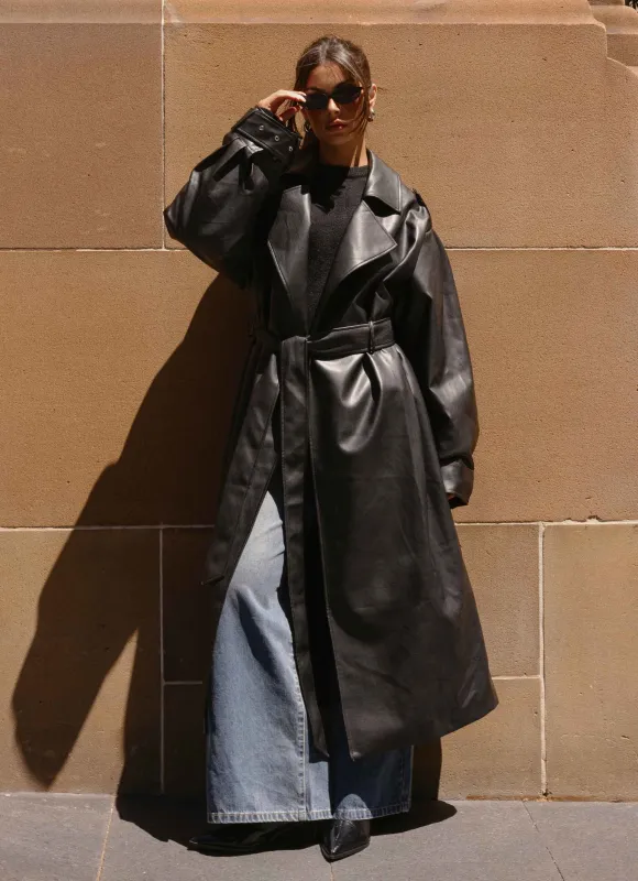 Out On The Town Faux Leather Midi Trench - Black sold by Peppermayo