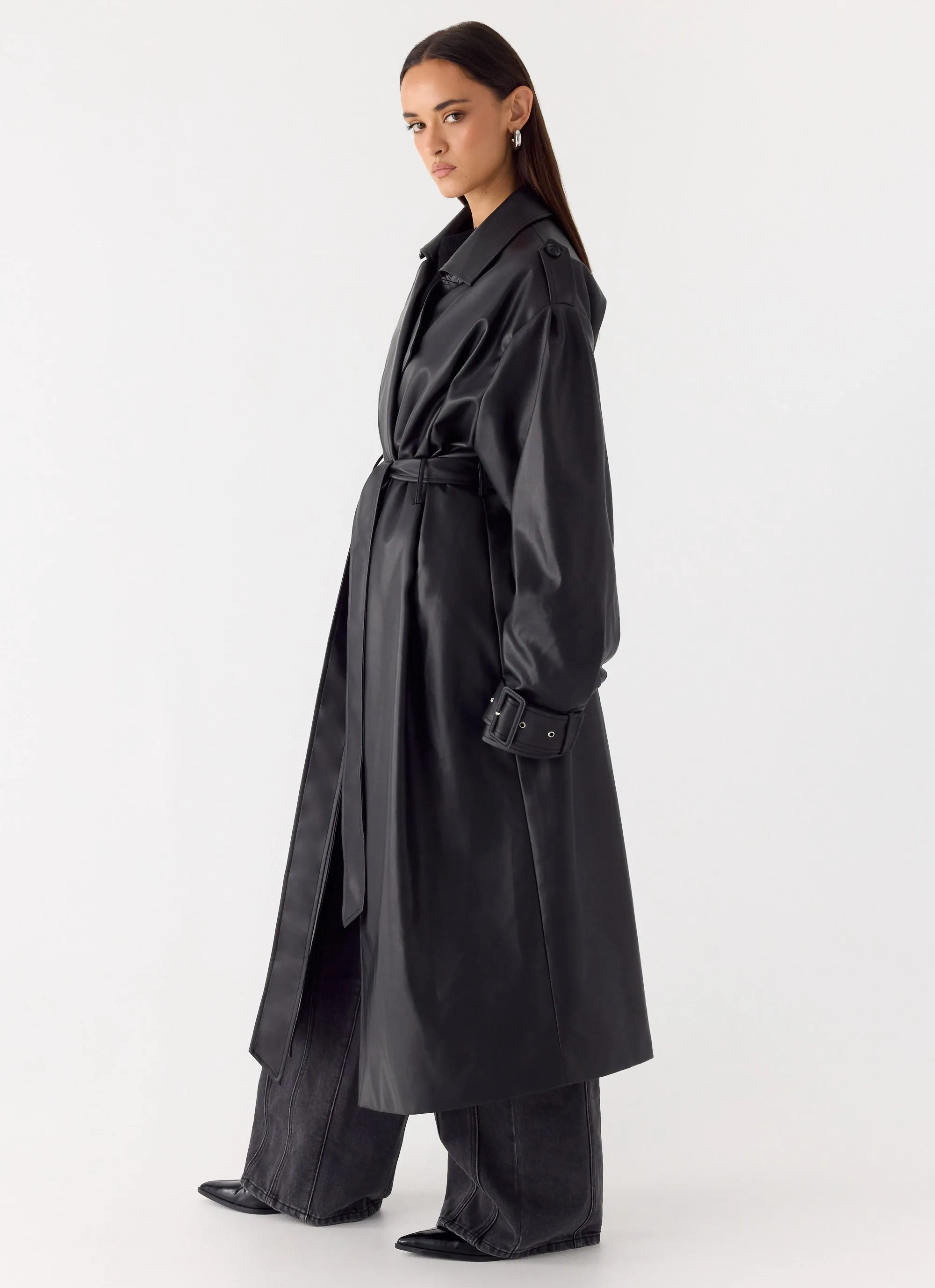 Out On The Town Faux Leather Midi Trench - Black sold by Peppermayo product image thumbnail 5