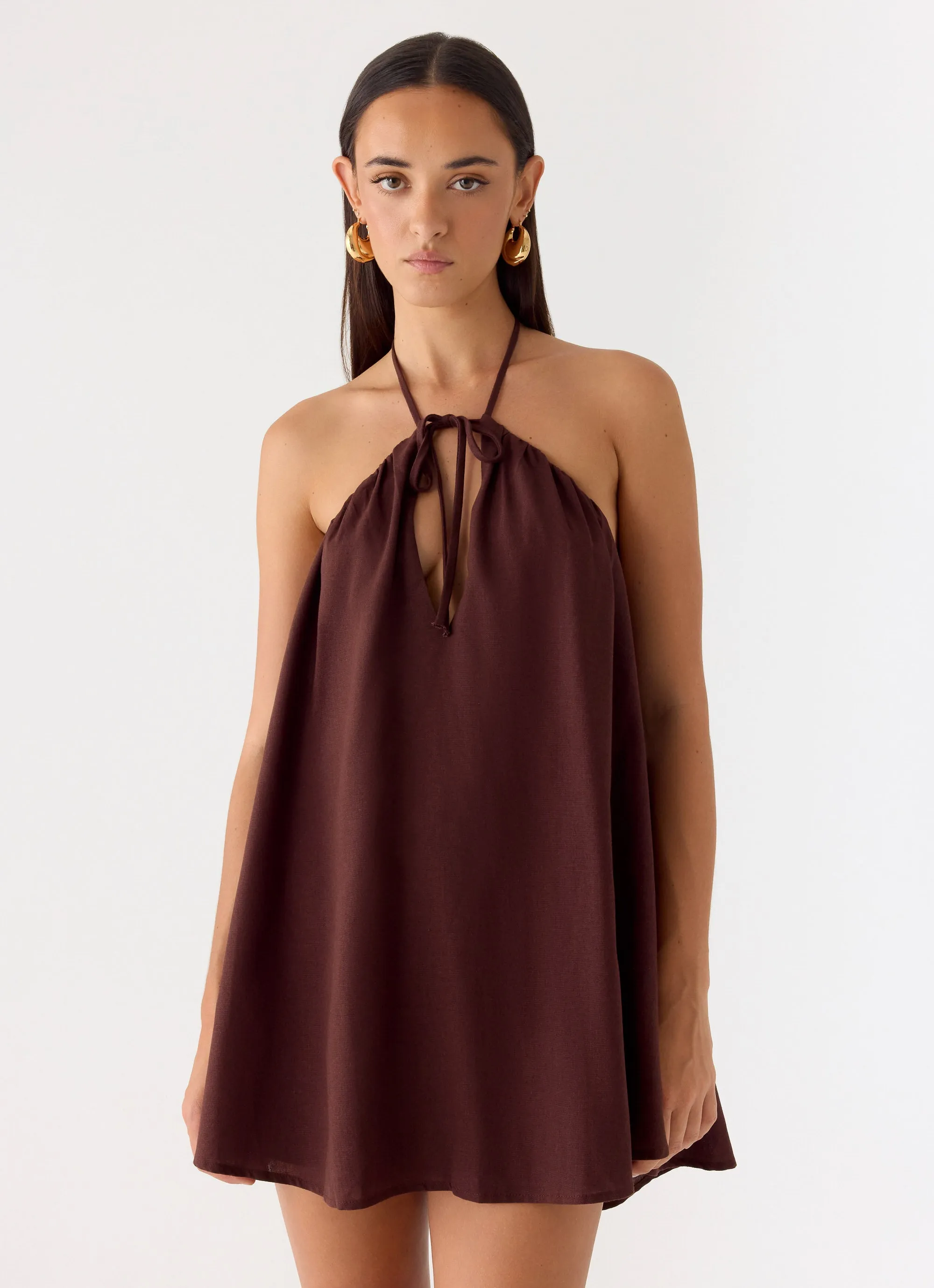 Soft Breeze Linen Mini Dress - Chocolate sold by Peppermayo