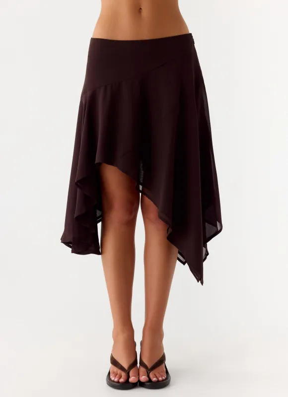 Kia Low Rise Asymmetrical Midi Skirt - Chocolate sold by Peppermayo
