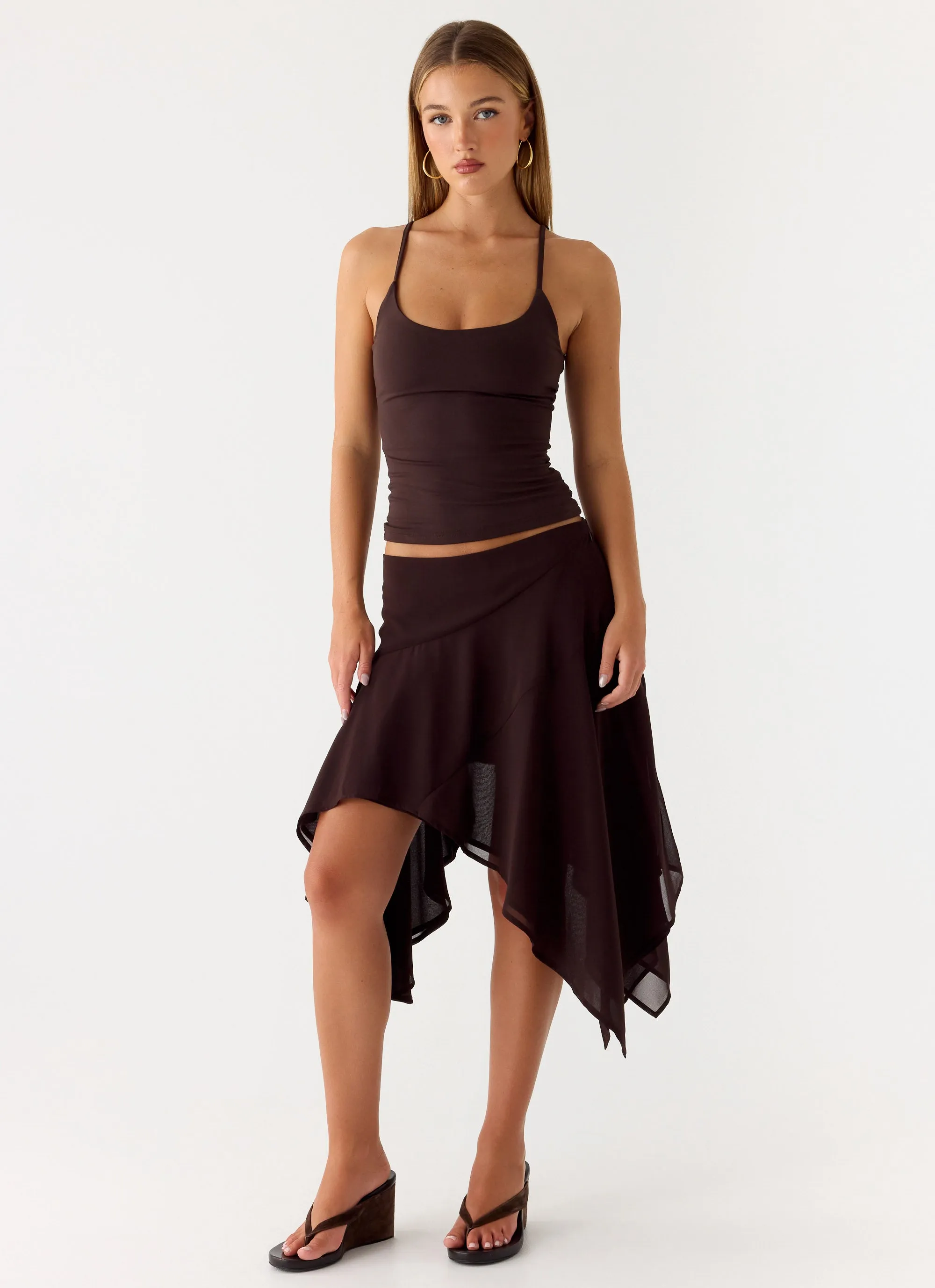Kia Low Rise Asymmetrical Midi Skirt - Chocolate sold by Peppermayo product image thumbnail 2