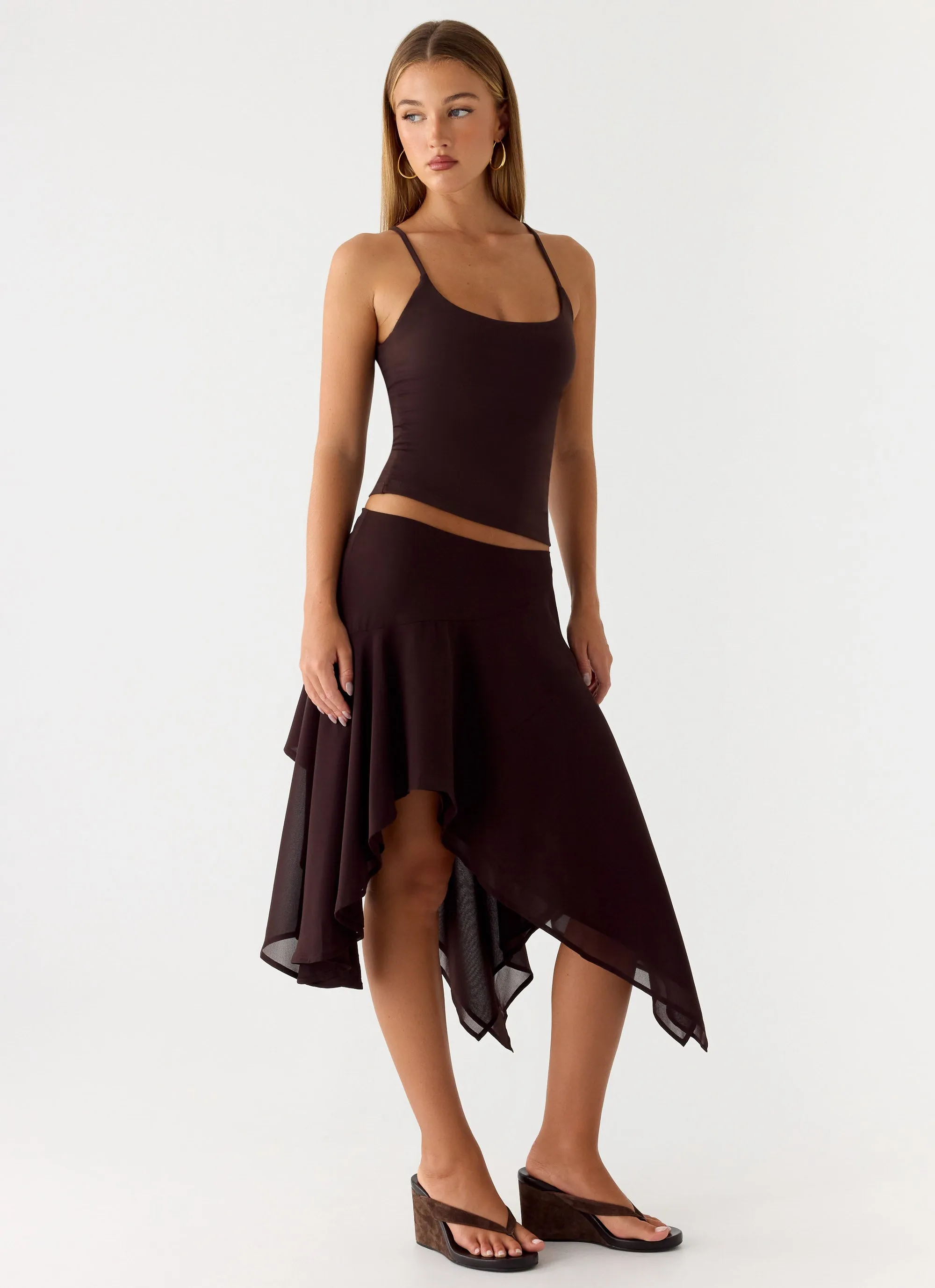 Kia Low Rise Asymmetrical Midi Skirt - Chocolate sold by Peppermayo product image thumbnail 5