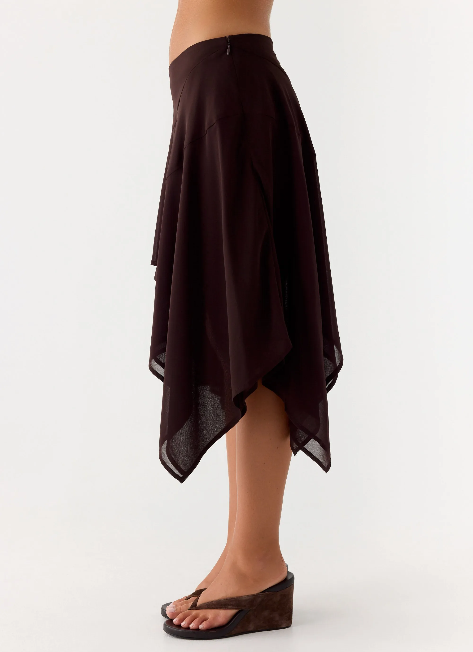 Kia Low Rise Asymmetrical Midi Skirt - Chocolate sold by Peppermayo product image thumbnail 3