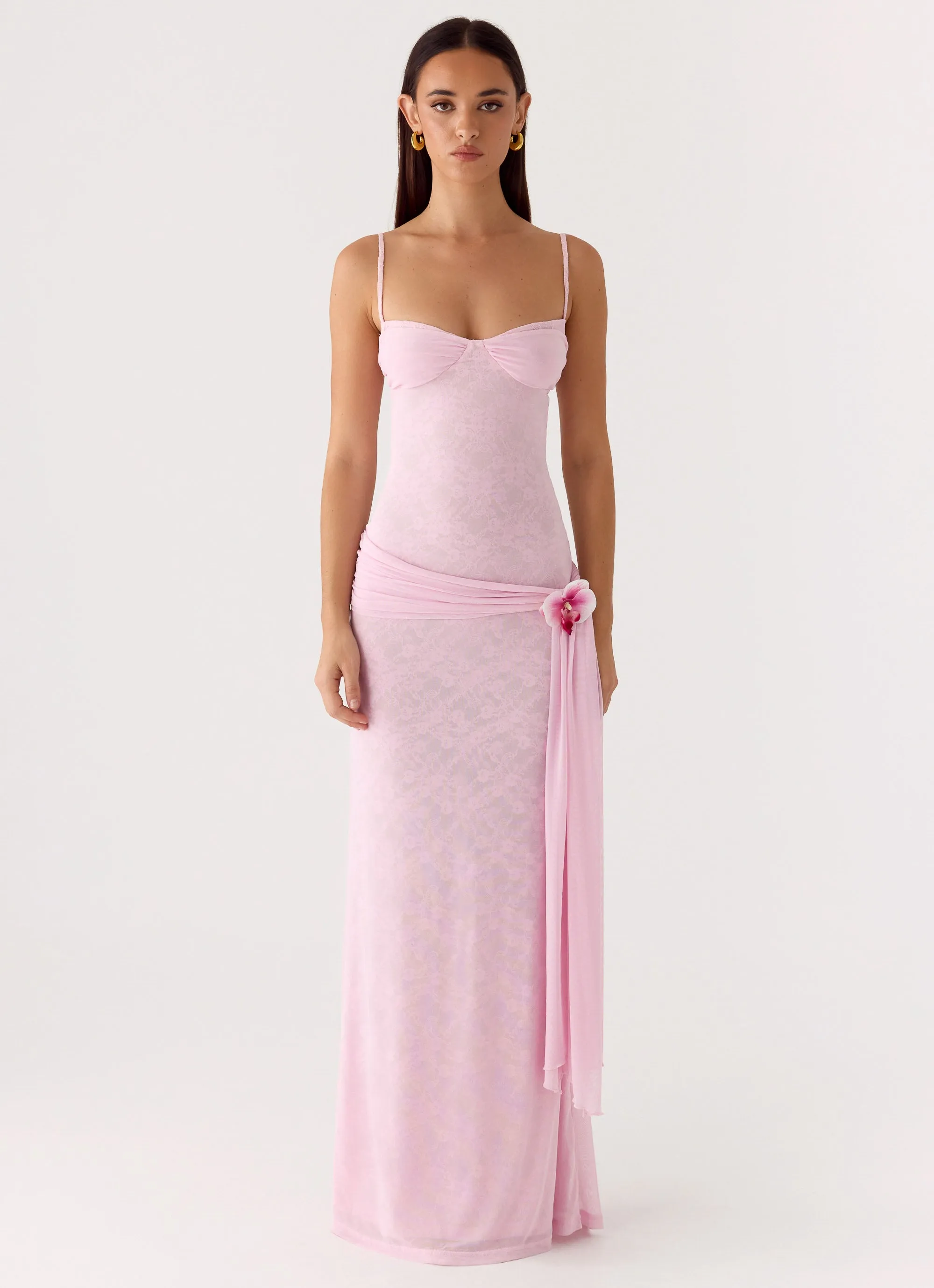 Natty Lace Mesh Maxi Dress - Petal Pink sold by Peppermayo