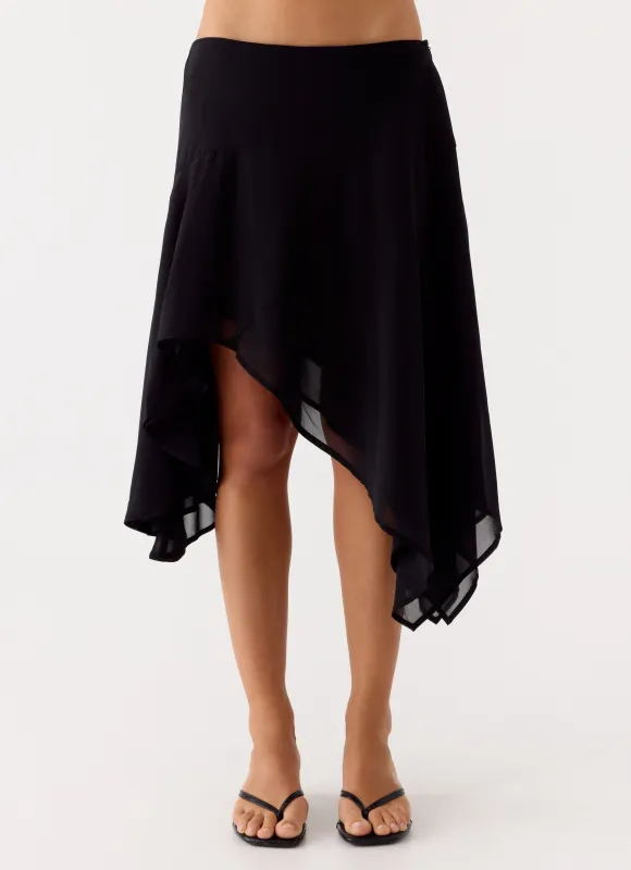 Kia Low Rise Asymmetrical Midi Skirt - Black sold by Peppermayo