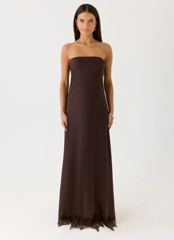 Kayleigh Strapless Maxi Dress - Chocolate Torte made by Peppermayo