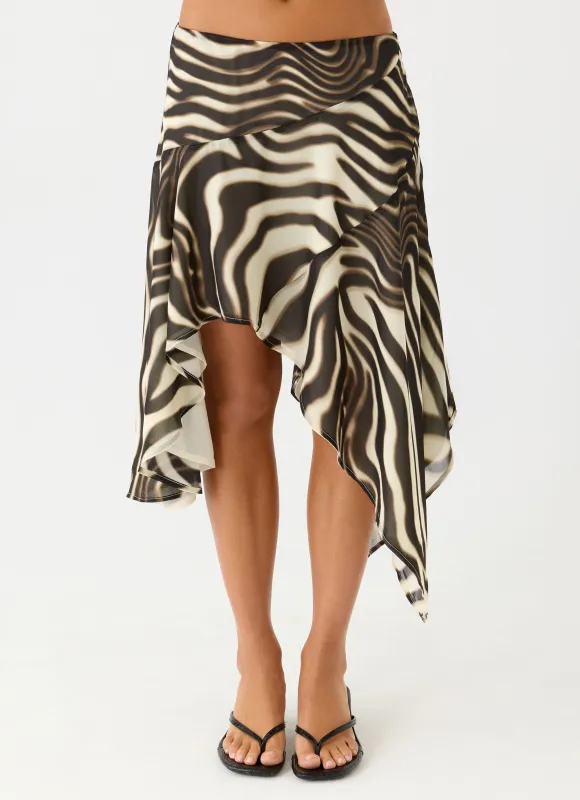 Kia Low Rise Asymmetrical Midi Skirt - Zebra sold by Peppermayo