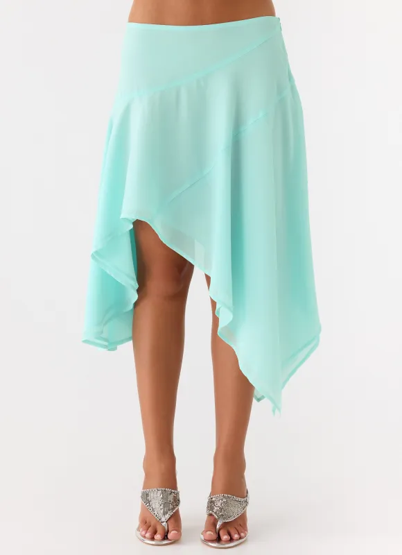 Kia Low Rise Asymmetrical Midi Skirt - Aqua sold by Peppermayo