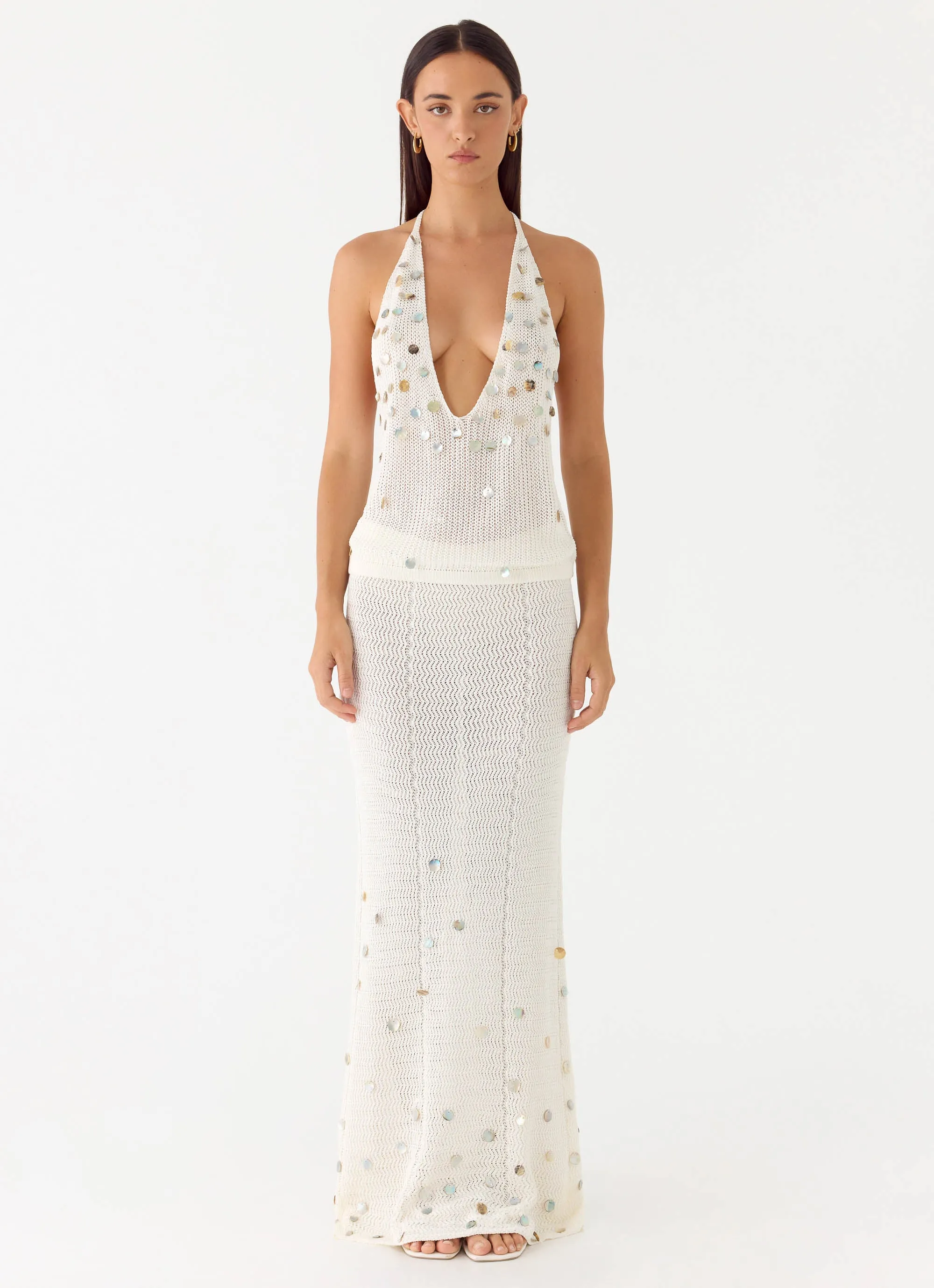 Adelaida Beaded Crochet Maxi Skirt - Ivory sold by Peppermayo