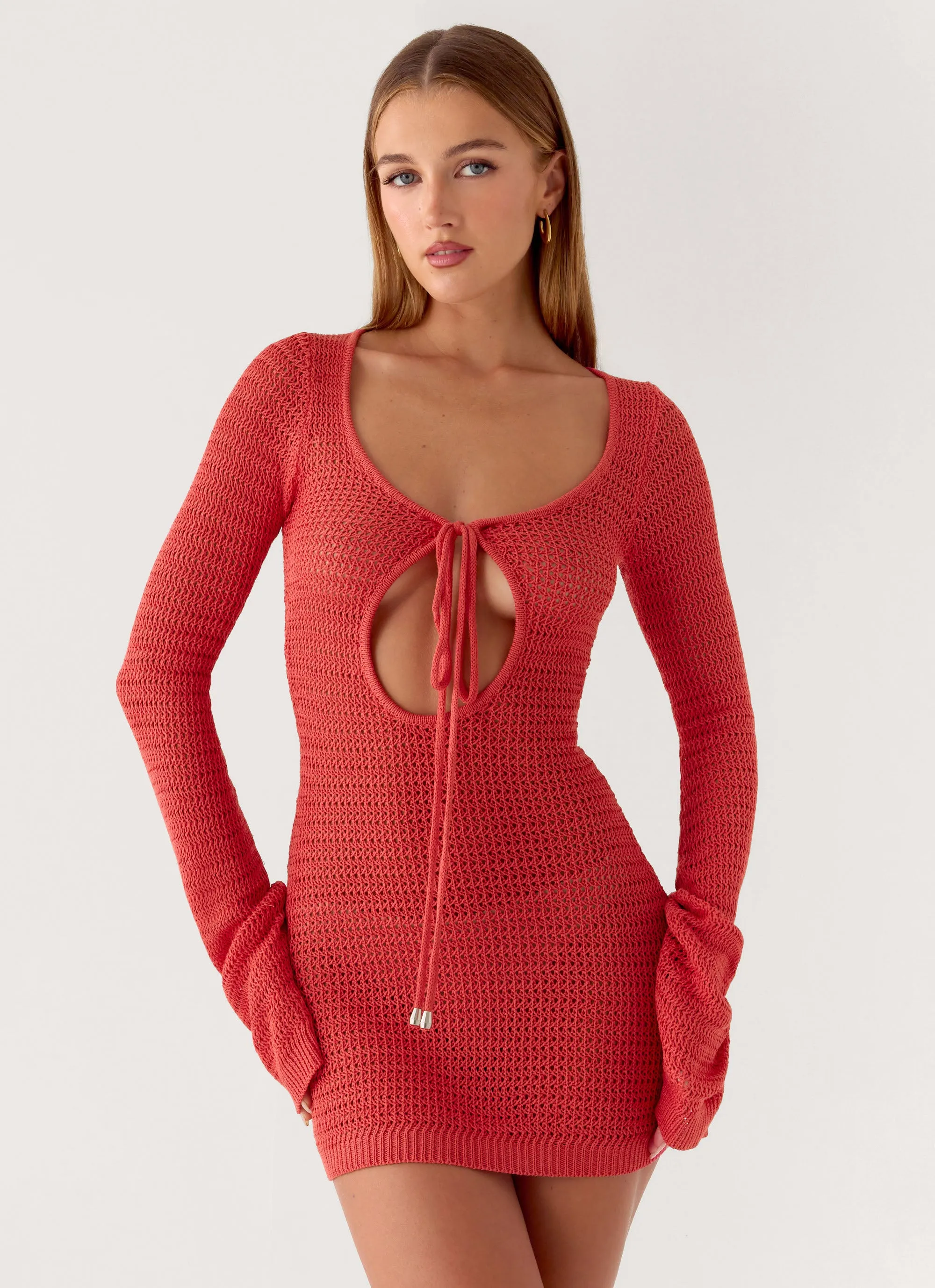 Charis Long Sleeve Crochet Mini Dress - Cherry sold by Peppermayo product image thumbnail 5