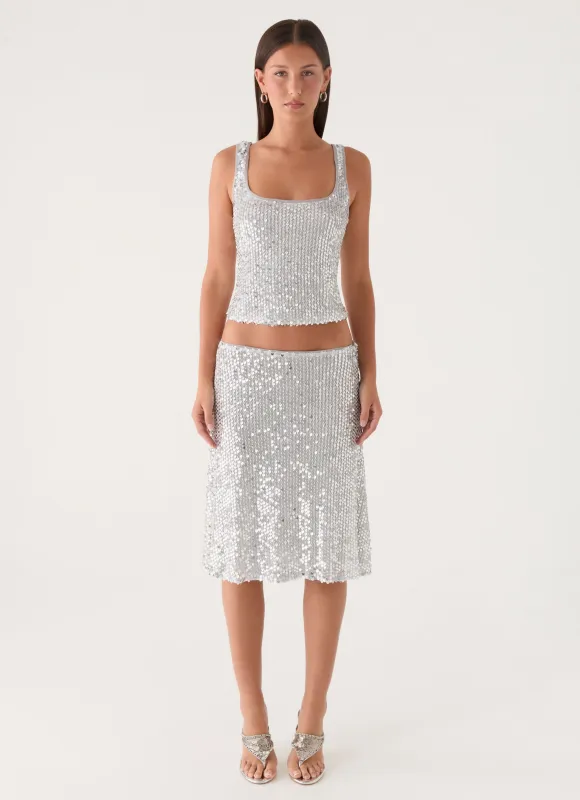 Evodia Sequin Midi Skirt - Silver made by Peppermayo