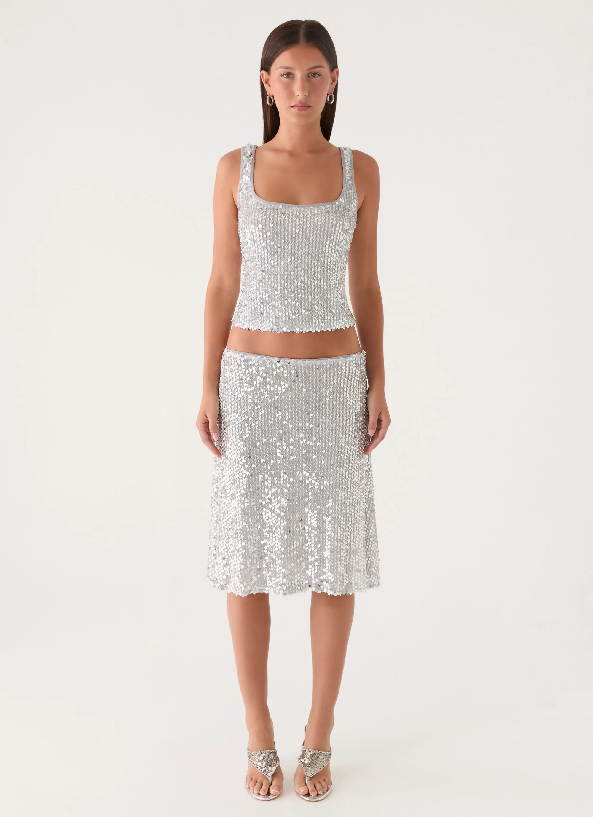 Evodia Sequin Midi Skirt - Silver sold by Peppermayo