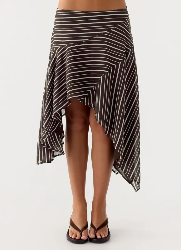 Kia Low Rise Asymmetrical Midi Skirt - Chocolate Stripe made by Peppermayo