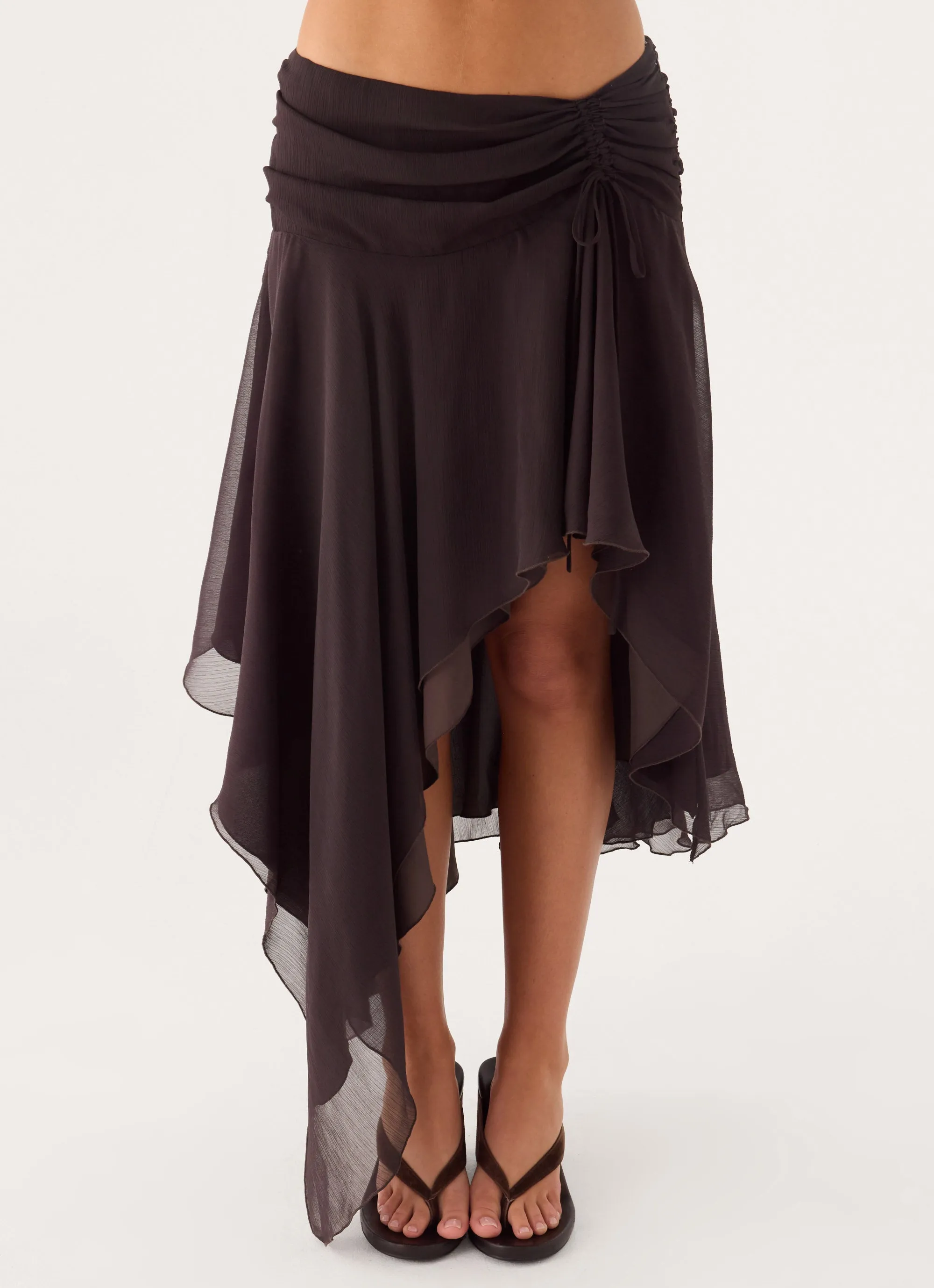 Abeda Asymmetrical Midi Skirt - Chocolate sold by Peppermayo product image thumbnail 3