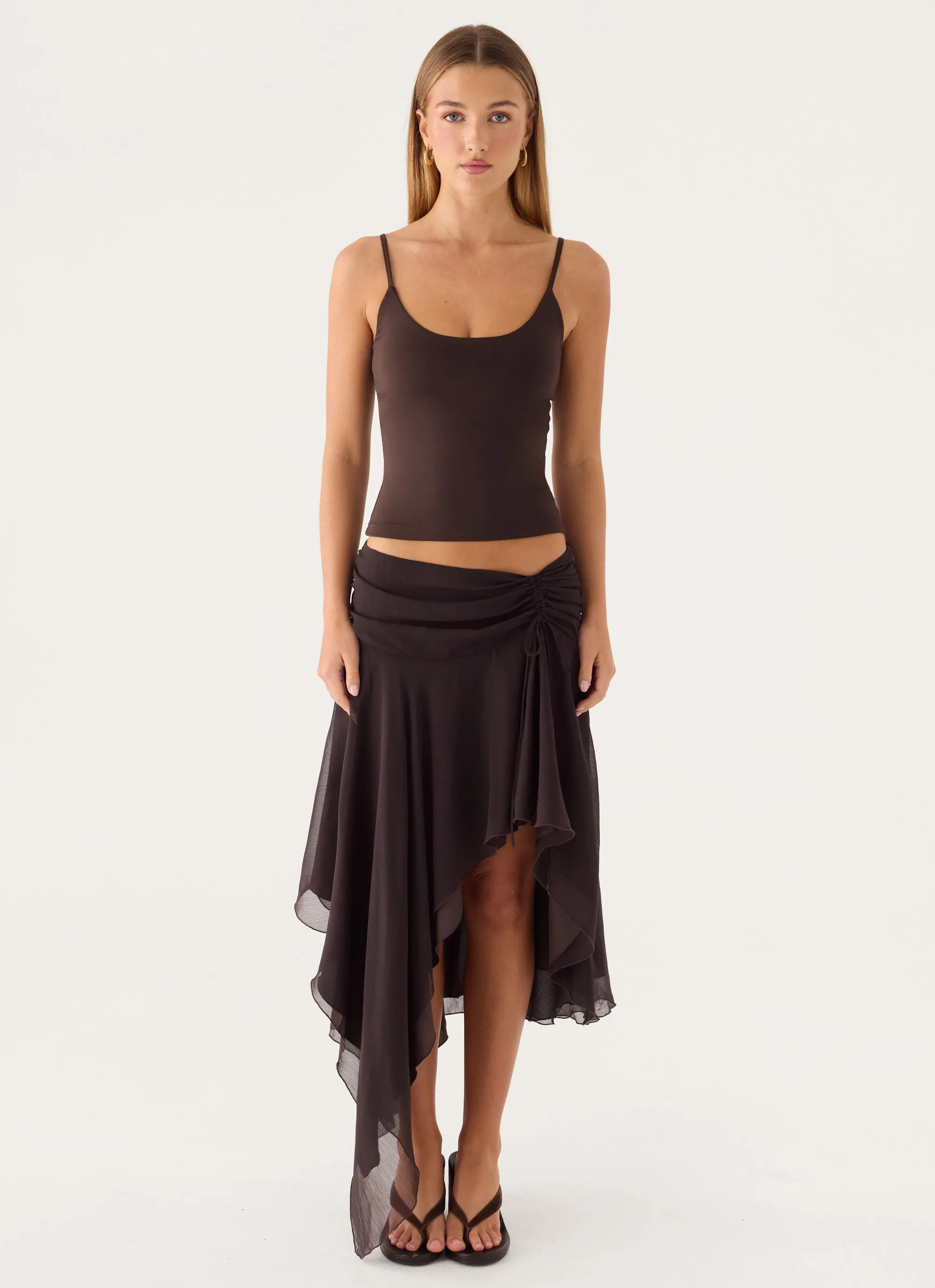 Abeda Asymmetrical Midi Skirt - Chocolate sold by Peppermayo product image thumbnail 4