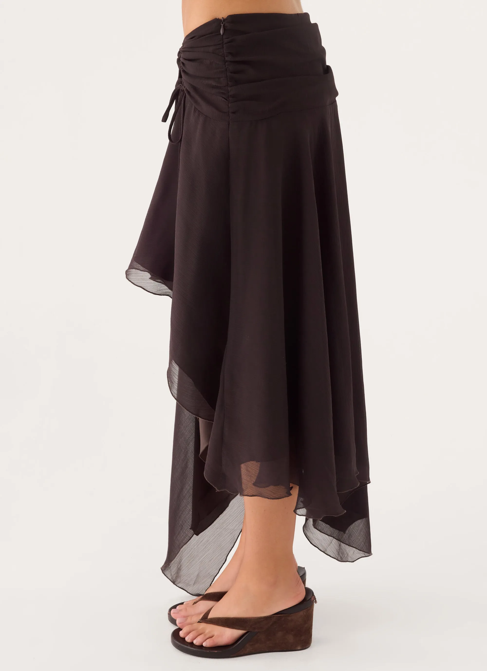 Abeda Asymmetrical Midi Skirt - Chocolate sold by Peppermayo product image thumbnail 5