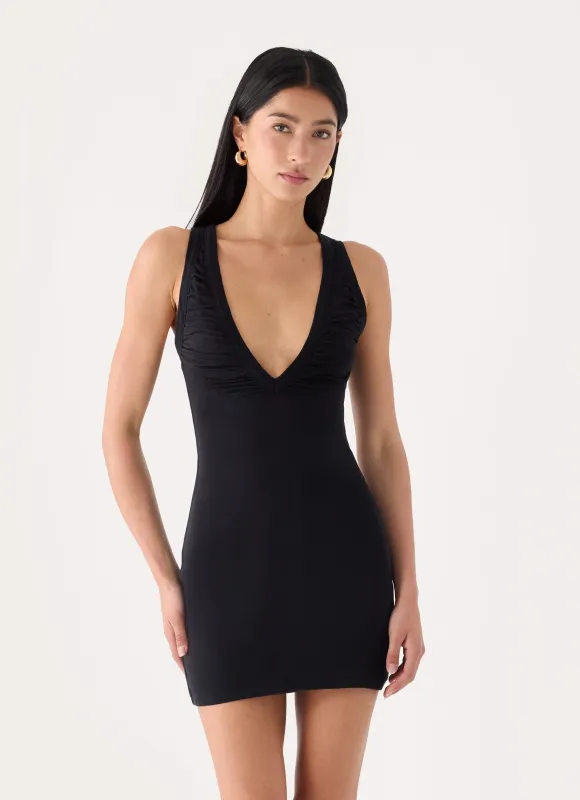Amelina Ruched Mini Dress - Black made by Peppermayo