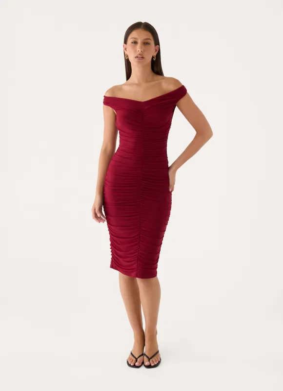 Valcera Ruched Midi Dress - Maroon made by Peppermayo