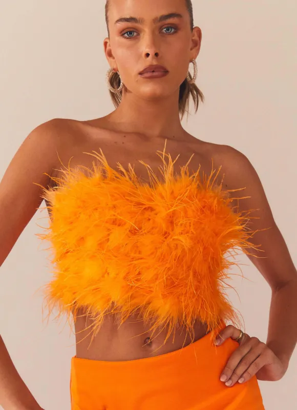 The Night Is Ours Feather Crop Top - Tangerine sold by Peppermayo