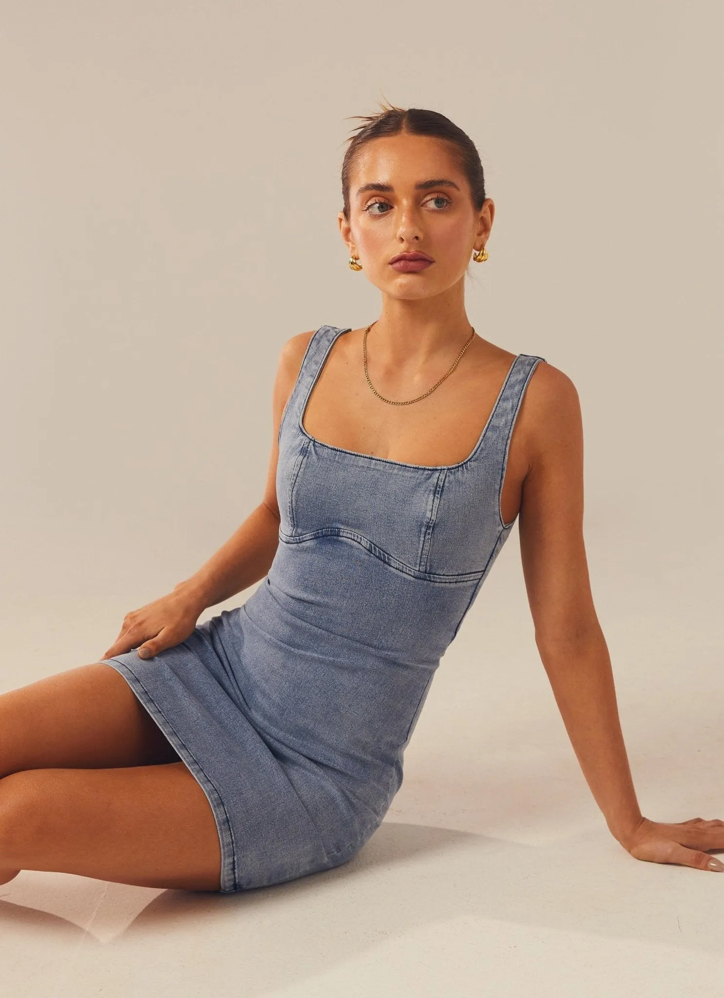 Alessia Denim Mini Dress - Blue Denim sold by Peppermayo