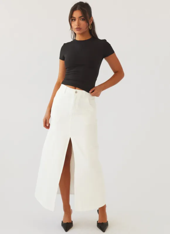 Walk This Way Denim Maxi Skirt - Bone sold by Peppermayo