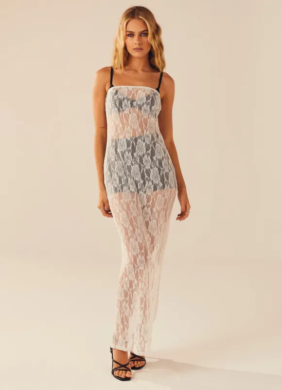 Break the Ice Lace Maxi Dress - Snow sold by Peppermayo