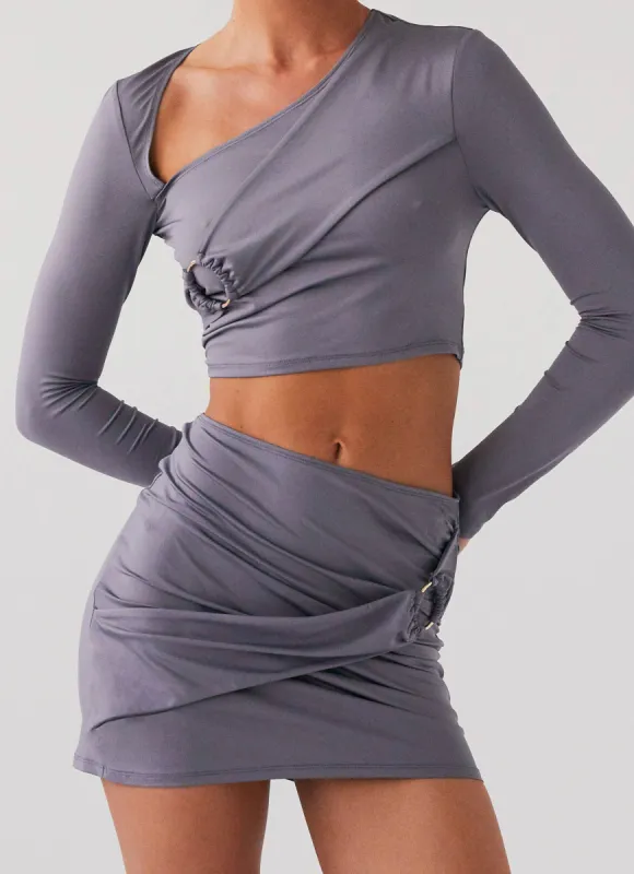 Smoke Bomb Wrap Mini Skirt - Slate sold by Peppermayo