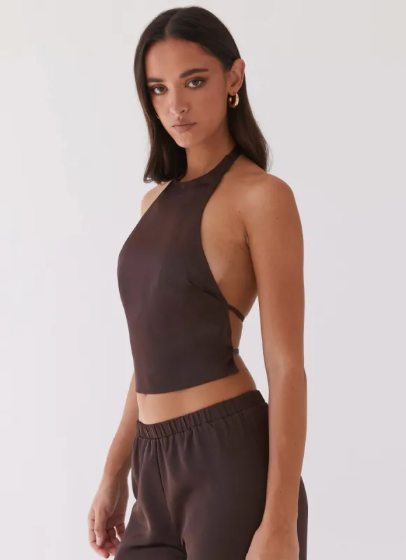 Bree Satin Halterneck Top - Brown sold by Peppermayo