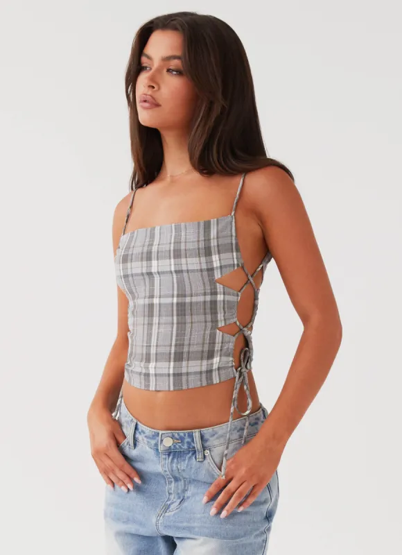 Trista Tie Top - Grey Tartan sold by Peppermayo