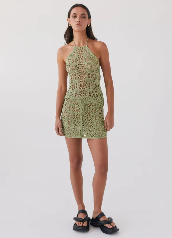 Free Mind Crochet Mini Skirt - Light Olive sold by Peppermayo