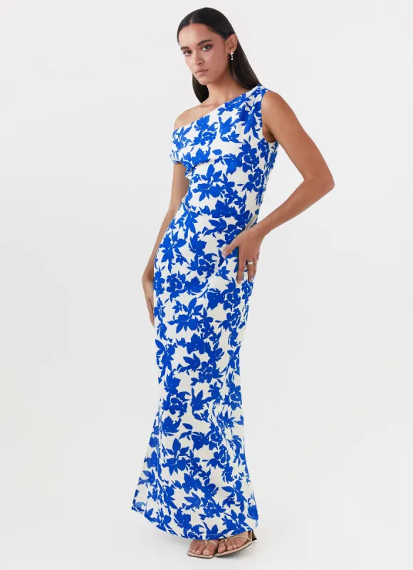 Pyper Off Shoulder Maxi Dress - Blue Floral made by Peppermayo