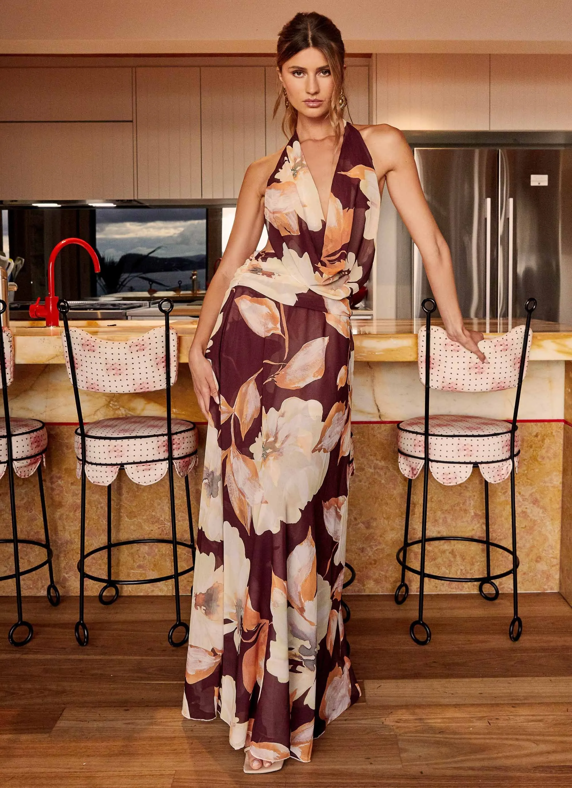 Elysia Chiffon Maxi Dress - Brown Floral sold by Peppermayo